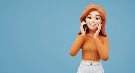 Poster - Animated woman with reddish-brown hair joyfully communicating on her smartphone against a solid blue backdrop