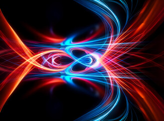 Poster - dynamic abstract art featuring intertwining red and blue light streaks against a black background. v