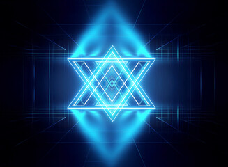 Aufkleber - a vibrant, glowing blue geometric shape, resembling a hexagram within a diamond frame, illuminates a