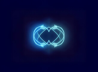 Poster - neon blue abstract symmetrical shape with arrowheads, formed by glowing lines on dark background. lu