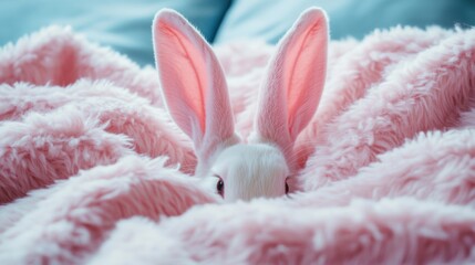 Aufkleber - Cozy pastel bunny ears peeking from a soft woolen blanket in a serene indoor setting during a relaxing afternoon