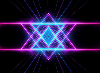 Poster - Neon geometric shape in vibrant blue and pink hues against a dark backdrop. Triangle and diamond design with radiating light rays, creating a futuristic and abstract visual.