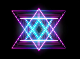 Aufkleber - neon geometric shape with vibrant blue and purple lights on a black backdrop. triangles and diamond 