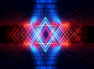 Aufkleber - vibrant geometric neon pattern in blue, pink, and red creates a tunnel effect. glowing lines form a 