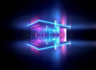 Poster - vibrant neon geometric structure glows with blue and pink lights on a dark reflective plane, creatin