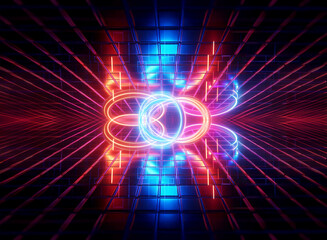 Poster - abstract neon light art with glowing red and blue lines forming a futuristic shape against a dark gr