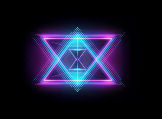 Aufkleber - A vibrant geometric design glows with neon hues of blue and purple against a stark black backdrop, creating an abstract and modern visual element.