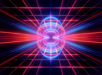 Poster - abstract neon grid with glowing red and blue lines converging towards a luminous oval shape in the c