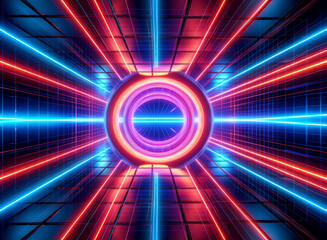 Poster - abstract neon lights create a tunnel vision effect, with vibrant blue and red lines converging towar