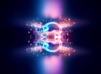 Poster - neon number eight with circular arrows glows in a dark setting. abstract, vibrant, and futuristic de