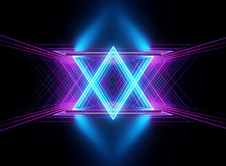 Poster - Neon blue and purple geometric shape, resembling two triangles forming an X, radiates against a dark backdrop. Abstract design with vibrant glowing lines creating a futuristic perspective.