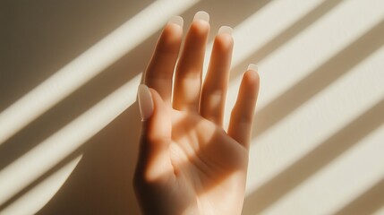 Poster - elegant hand gently reaching towards sunlight streaming through a window in a calm indoor space duri