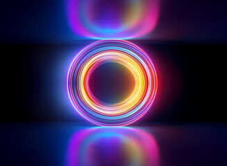 Aufkleber - a vibrant neon circle glows against a dark backdrop, casting a colorful reflection on a sleek surfac