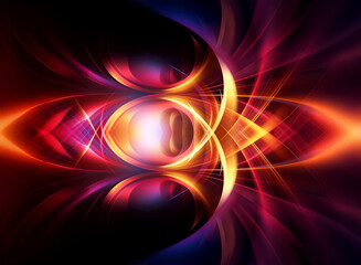 Aufkleber - Vibrant abstract design with flowing curved shapes in shades of orange, red, yellow, and purple, emanating from a central bright point against a dark backdrop.