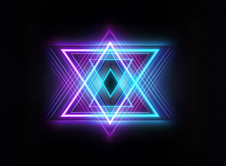 Aufkleber - Neon geometric artwork featuring layered triangles with vibrant blue and purple neon outlines, creating a luminous abstract design on a black background.