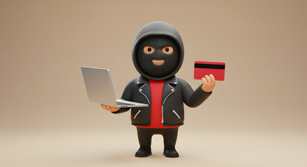 Poster - Stylized hacker with laptop and stolen card, a symbol of digital crime and online security threat on the neutral color background