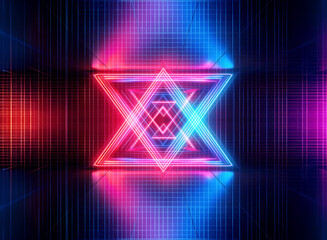 Aufkleber - geometric neon shapes glow in vibrant blue and red hues against a dark, reflective grid background. 