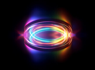 Aufkleber - a luminous ring of rainbow hues radiates against a stark black backdrop. abstract light trails curve