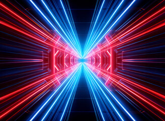 Aufkleber - Abstract neon tunnel with converging red and blue light trails creates a futuristic and dimensional perspective in a dark setting.