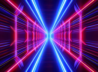 Poster - Neon tunnel with vibrant blue and red lights creates a futuristic abstract geometric pattern, seen in perspective towards a vanishing point.