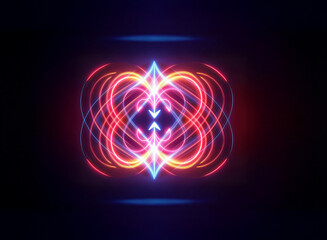 Aufkleber - abstract glowing neon lines form a symmetrical design with vibrant red, orange, and blue colors agai