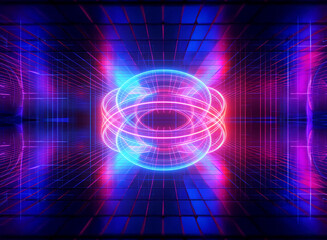 Poster - futuristic abstract neon lights form circular rings and lines. glowing blue and pink light beams cre