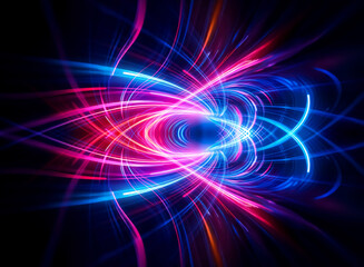 Poster - abstract image with vibrant pink and blue light streaks converging towards the center, creating a dy