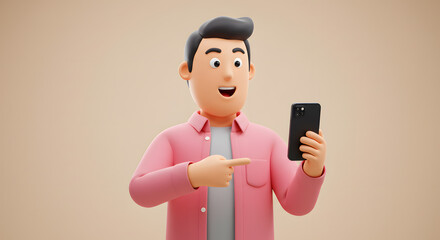 Poster - Enthusiastic cartoon character showcasing modern smartphone with captivating facial expression and engaging gesture