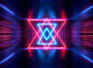 Aufkleber - geometric neon lights form a vibrant abstract tunnel. red and blue triangles create a futuristic, gl