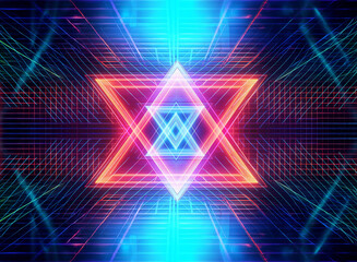 Aufkleber - a vibrant geometric shape glows with neon colors against a grid backdrop. lines of blue, pink, and o