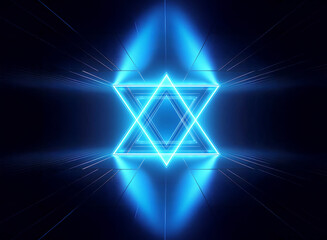 Poster - A luminous blue neon triangle emits light in a dark space. Geometric lines create a futuristic abstract design with a vibrant glow and perspective effect.