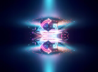 Poster - abstract digital art featuring a glowing symmetrical shape with circular arrows and light effects ag