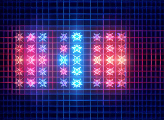 Aufkleber - Bright pink and blue star shapes glow in columns on a dark blue grid backdrop. The shapes are luminous, creating a vibrant and geometric pattern.