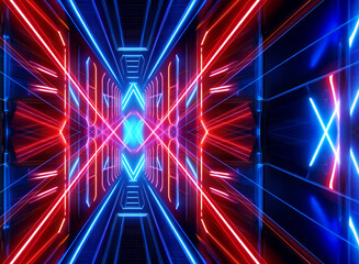 Poster - abstract digital tunnel with vibrant red and blue neon lines creates a symmetrical perspective, sugg