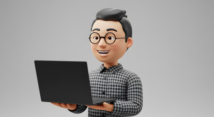 Poster - Animated character holding a laptop, ideal for tech presentations and online communication visuals