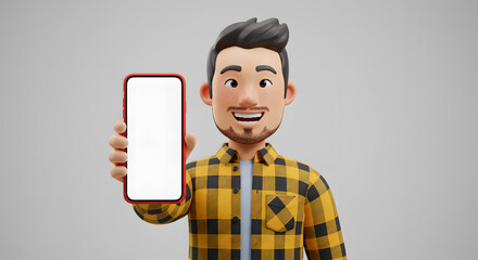 Poster - Cartoon character holding a smartphone with blank screen showcasing app advertisement and promoting digital technologies usage