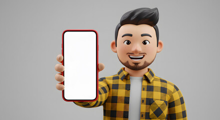 Poster - Cheerful 3D Character Presenting a Smartphone with Blank Screen for Application Promotion or Mobile Technology Concept Illustration