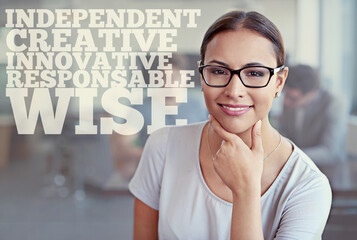Poster - Woman, business and portrait with quote words in office for entrepreneur wallpaper, text or confident. Female person. face and creative designer at startup agency with letters, graphic or positive