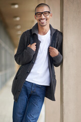Aufkleber - Student, portrait and college with smile, backpack and learning for development or education in university for studying. Male person, cheerful and excited for knowledge, phd and school in scholarship