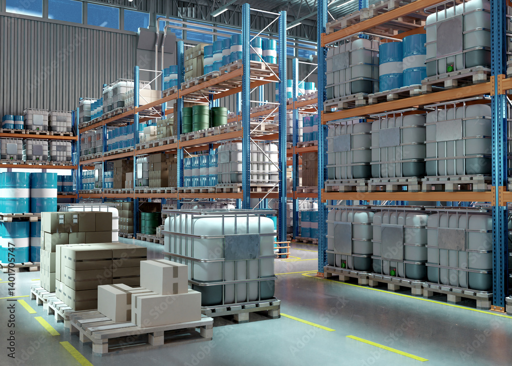 Warehouse Container Stack Industrial warehouse with stacked pallets holding IBC containers ...