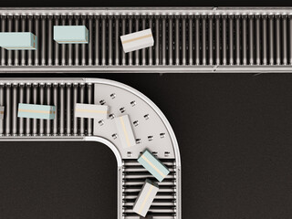 Poster - Conveyor belt system with parcels moving along curved and straight sections. Scene relates to automated logistics, packaging, and distribution center operations.