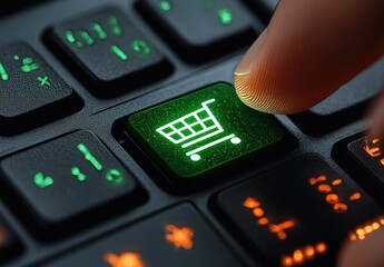 online shopping keyboard with green cart key finger pressing