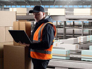 Poster - Worker in safety vest uses a laptop next to stacks of boxes and a conveyor system in a distribution center. Scene relates to logistics, packaging, and warehouse automation.