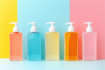 Aufkleber - Pet shampoo bottles arranged on a bright background showcasing modern packaging design and space for branding elements