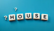 © Tech - house, wooden blocks, background, blue, question marks, minimalist, word