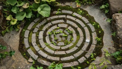 Poster - Serene stone labyrinth in tranquil garden, surrounded by lush greenery and moss covered pathways, features intricate circular designs that invite exploration and reflection in nature.