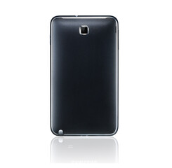 Poster - Back, smartphone and camera with technology, mobile and promotion isolated on a white studio background. Rear view, device and cellphone with mockup space and option with opportunity or communication