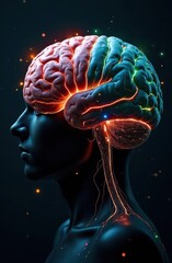 Poster - Stunning visualization showcases a profile of a human head merging with a vibrant brain glowing with multicolored lights. This artwork captures the essence of thought and imagination.