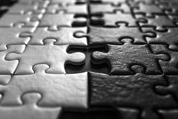 Poster - Two puzzle pieces one black and one white rest close together on a solid background showcasing their detailed textures. This arrangement highlights the beauty of simplicity and unity.
