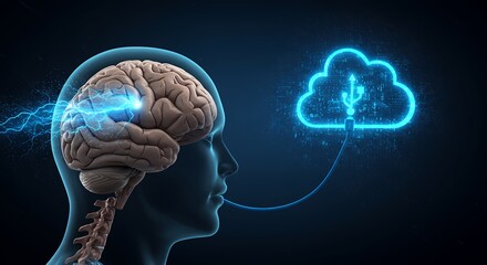 Aufkleber - Brain connected to cloud computing with USB cable, representing data transfer and artificial intelligence development